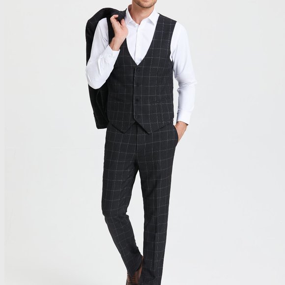 Windowpane Peak Lapel Suit 3-Piece By Tazio, Charcoaled Black - Picture 3 of 3